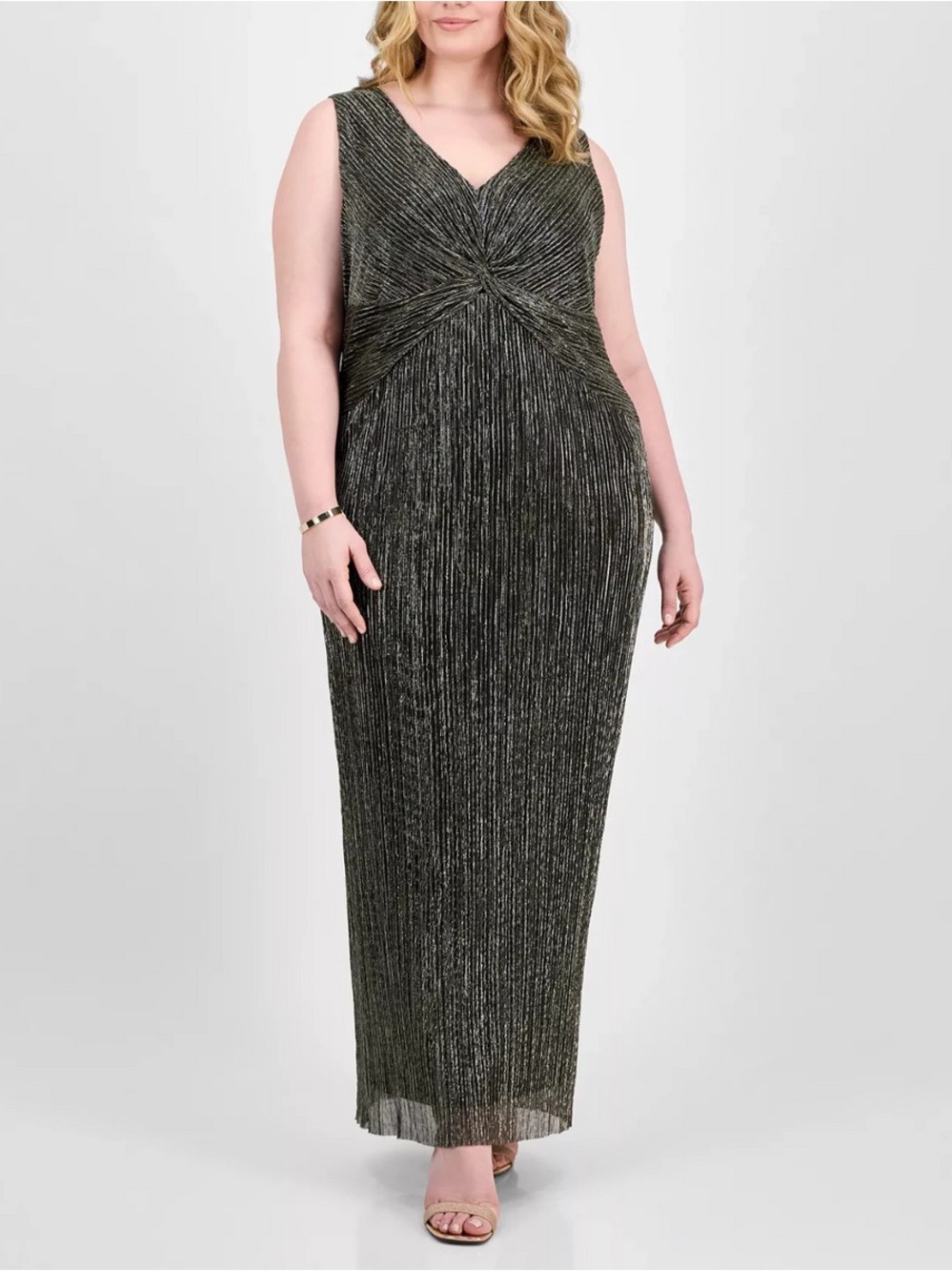 connected apparel Metallic Twist-Front Maxi Dress - Black with Silver Shimmer